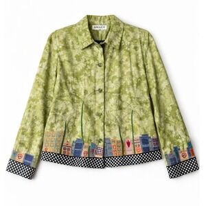Anage L Embroidered Palm Tree Cityscape Jacket Green Cotton Button Front